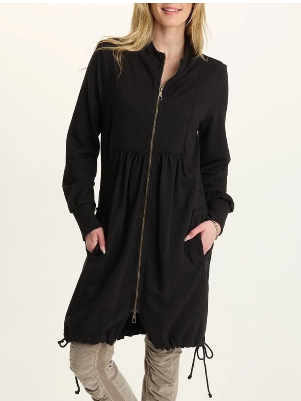 XCVI Black Zip-Front Longline Jacket 100% Cotton Lagenlook